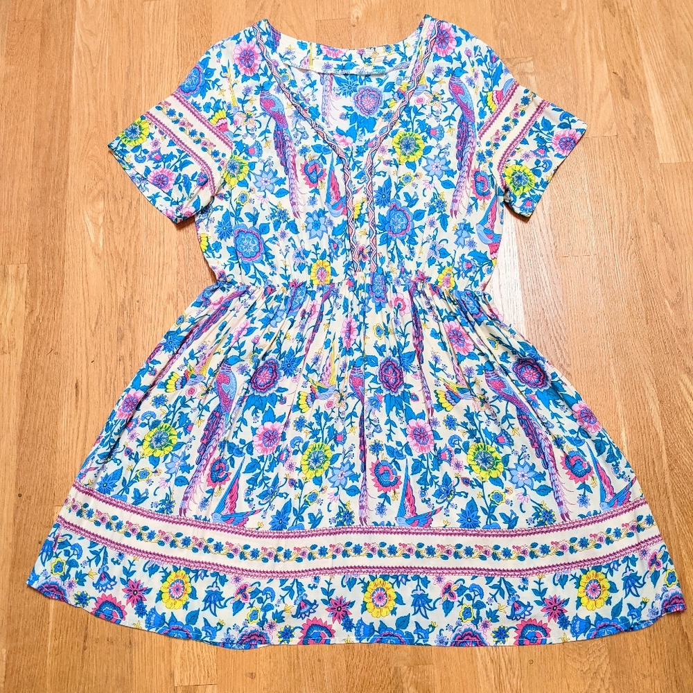 Boho Peacock Floral Short Dress XL Rayon Flowy Pink Teal Blue V-Neck Summer EUC